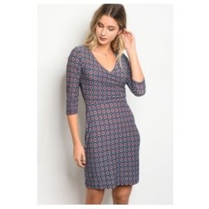 Navy Coral Geometric Floral Multicolored Jersey Fitted V-neck Dress